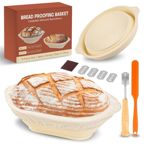 Cestino Lievitazione Pane, Set Panificazione in Silicone Pieghevole con 2 Cestini Rotondo e Ovale, Fodere in Tessuto, Coltello da Pane con 5 Lame, Raschietto e Guida di 8 Giorni