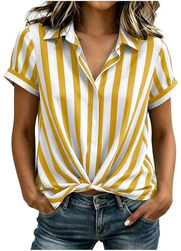 Chemise Femme Mode Rayée Crop Top Été Classique Cardigan Boutonnée T-Shirts à Manches Courtes Respirant Vetement Décontracté Haut Femme Blouse Reverse Tee Shirt Manche Courte Tailles S à XXL
