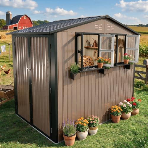 Cobertizo de jardín de carga pesada de metal con techo a dos aguas, puerta, cerradura, ventana y estante para flores, 4,33 m², cobertizo de acero para jardín resistente a la intemperie, cobertizo para