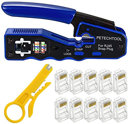 RJ45 Crimp Tool Kit Ethernet Crimping Tool Wire Crimper Stripper Cutter for Cat5e Cat6 Cat6a Pass Thrugh Connectors with 10 pieces Cat6 Connectors and 1 piece mini wire stripper