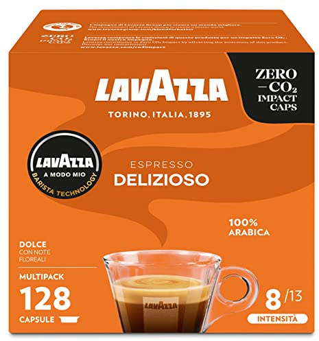 Lavazza A Modo Mio Espresso Delizioso, 128 Capsule Caffè, per un Espresso con Note Aromatiche di Fiori, 100% Arabica, Intensità 8/13, Tostatura Media, 8 Confezioni x 16 Capsule