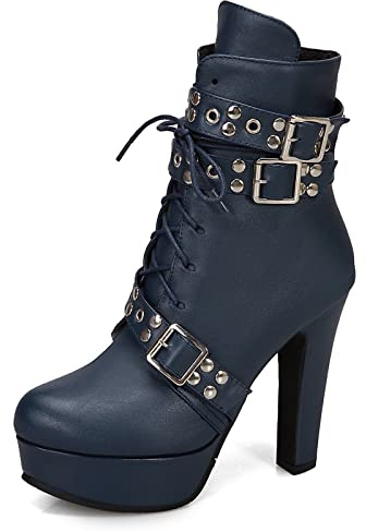 Viéctaa Bottines Femme Sexy Talon Haut Hiver Effet Cuir à Lacets Plateforme Rivets Chaussures Boots Soirée Bleu Marine 35