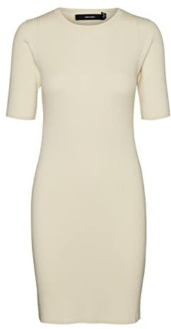 VERO Moda Damen Enges Stretch Kleid | Kurzes Mini Rundhals Dress | Elastisch Kurzarm Gerippt VMGOLD, Farben:Weiß, Größe:L