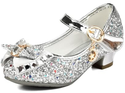 TRIWORIAE-Scarpe Principessa Bambina Bimba, Scarpe Glitterate con Tacchi per Ragazza, Scarpe Cosplay con Paillettes Eleganti per Cerimonia Festa Argento 32