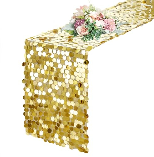 Pufogu 12 x 108 Inch Sequin Table Runner, Gold Glitter Premium Big Sequin Table Runners, Rectangle Table Runner for Halloween, Christmas, Wedding Party, Birthday Party, Banquet Decor (1 Pack).