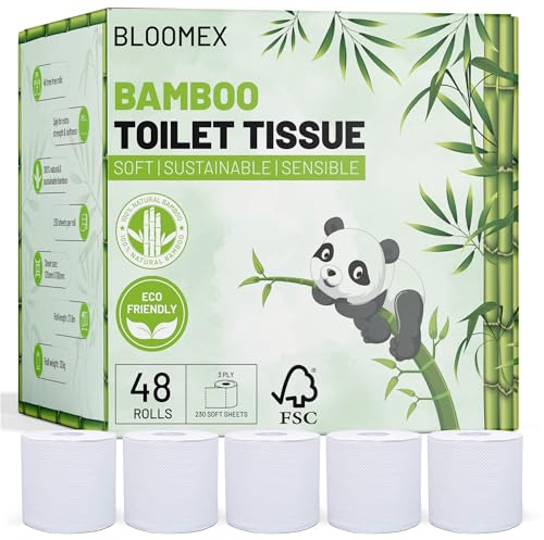 BLOOMEX® Bamboo Toilet Rolls - 48 Rolls, Premium 3-Ply, 230 Large Sheets | Plastic Free Packaging, Sustainable Tissue Paper | Bleach Free White Toilet Tissue.