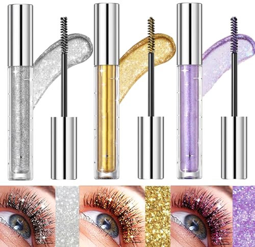 Bekoeen Fard à Paupières Mascara Liquide 3 Couleurs, Mascara Volumisant Allongant Diamants Étincelants, Cils Colorés Imperméables pour Cils, Fête de Mariage