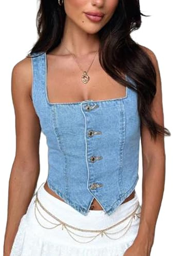 Acrawnni Women Y2K Waistcoat Vest Halter Neck Button Down Dressy Vests Tuxedo Suit Racerback Sleeveless Vintage Slim Fit Streetwear (E-Blue Denim, L)