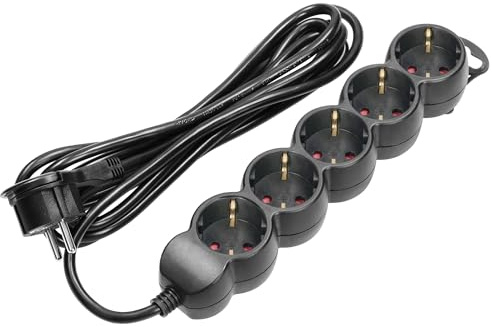 Miratic Steckdosenleiste 5-Fach Mehrfachsteckdose Schwarz mit Flachstecker IP20, Max. Belastung 3680W Steckdosentyp: Schuko (5m)
