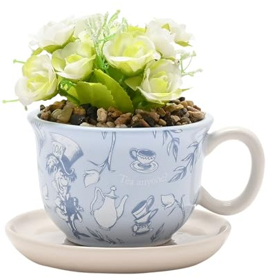 Disney Alice in Wonderland Teacup Planter – Ceramic Blue Tea Cup Plant Pot with Faux Flowers – Quirky Decorative Gift for Fans of Alice in Wonderland – Widdop Home Ornament
