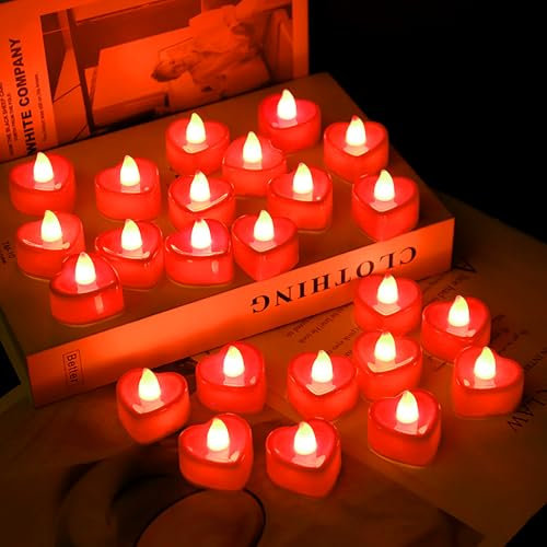 Lot de 24 bougies LED cœur et 1000 roses artificielles - Bougies chauffe-plat LED romantiques Nuit romantique, Saint-Valentin, anniversaire, mariage, décoration de table