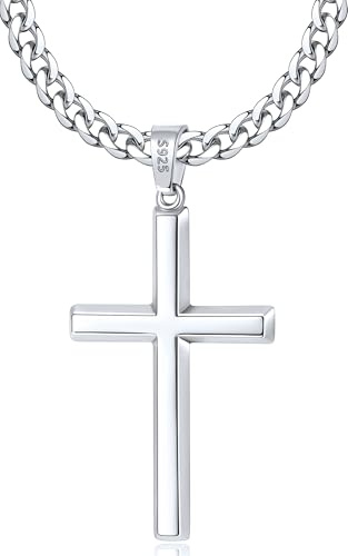 Eterjew 925 Sterling Silver Cross Necklace for Men, Mens Sterling Silver Cross Chain with 4mm Cuban Link Chain Necklace for Men Boys Women, Mens Necklaces 20 Inch