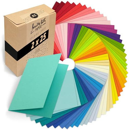 Japun - 50 farbige blanko Falt-Karten (2 x 25 Farben), Klapp-Karten zum gestalten, beschriften oder bedrucken - DIN A5-250 g/m² - bunt