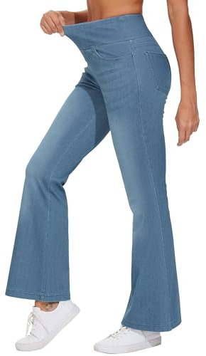 THE GYM PEOPLE Jeans Femme Flare Taille Haute Élastique avec Contrôle du Ventre et Poches - Idéal pour Le Quotidien, Les Sorties et Le Yoga Léger, Bleu Denim, XL
