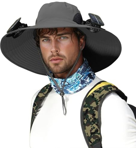 Generisch - Sombrero de verano con ventilador solar desmontable, carga USB, protección solar completa, ajuste de velocidad de viento, flores, gris, hombre, talla única