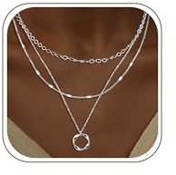 Tewiky Layered Necklace for Women, Silver Plated Dainty Circle Pendant