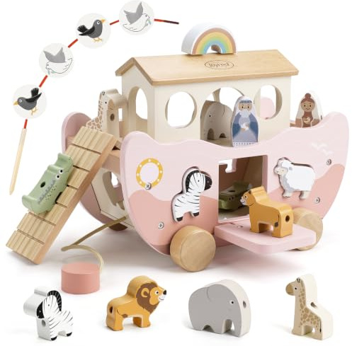 Joyreal Noahs Ark Wooden Toy - Christening Gifts for Girls Boys, Baptism Gifts, Montessori Toys for 1 2 3 Year old, Stacking Baby Toys, Farm Animals Shape Sorter Toddler Toy