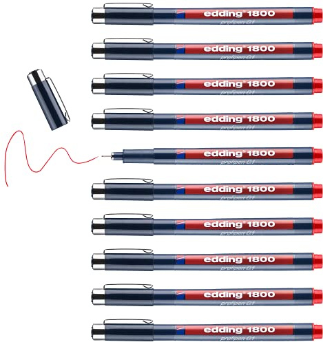 edding 1800 profipen - red - 10 pens - line width 0.25 mm - fineliner pen for precise writing, sketching and technical drawing - fine, metal-encased nib - suitable for use with rulers and stencils