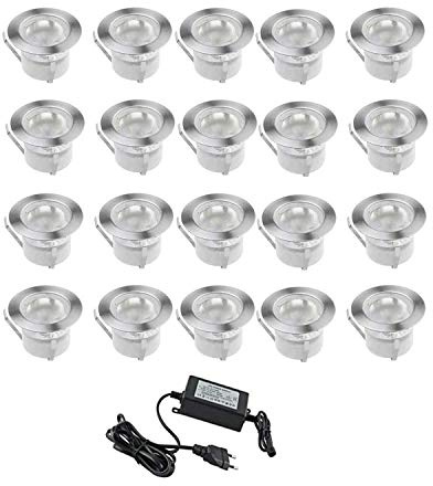 CHNXU 20 Spot LED Eclairage Extérieur Encastrable Sol Terrasse Bois,45mm Spots Encastré Extérieur Fait en IP67 DC12V 1W Avec Alimentation EU Pour Jardin Escalier Patio Blanc Froid