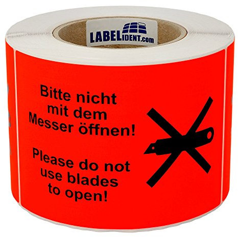 Warnetiketten 150 x 100 mm - Paket Aufkleber Bitte nicht mit dem Messer öffnen/Please do not use blades to open - 500 Versandaufkleber auf 1 Rolle(n), Papier selbstklebend