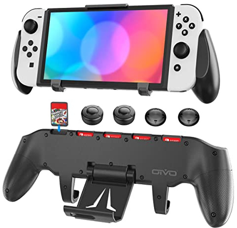 OIVO Switch OLED Grip mit verstellbarem Switch Ständer für Nintendo Switch/Switch OLED Modell, ergonomischer asymmetrischer Komfortgriff Case mit 5 Spielfächern und 4 Thumb Grips