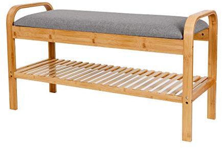 Lumaland Zapatero con Asiento para Entrada de Bambú - Mueble Recibidor de Madera para Zapatos con Banco y Estantería Grande - Moderno y Natural - 90 x 50 x 30 cm/Gris