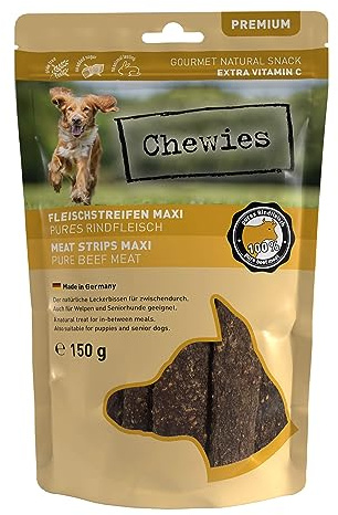 Chewies Fleischstreifen MAXI Hundeleckerli aus 100 % Rindfleisch - 150 g - luftgetrocknete Rinder Kaustreifen für Hunde - zuckerfrei & getreidefrei - Dörrfleisch vom Rind