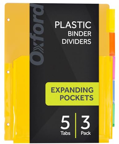 Oxford Binder Dividers with Pockets, 3 Pack, 8 Multicolor Tabs with Inserts, Pockets Expand 1/4, Flexible Lightweight Plastic Dividers for 3 Ring Binders