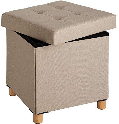 tectake 800837 Sitzhocker mit Stauraum, bis 300 kg belastbar, gepolsterte Sitzfläche, Deckel abnehmbar, Holzbeine, Hocker in Leinenoptik, 38 x 38 x 40 cm (Sand)