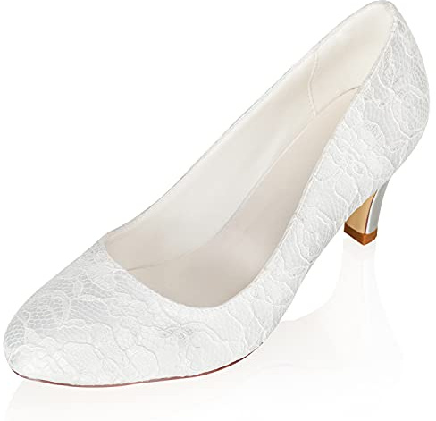 JIAJIA 62376 Chaussures de mariée pour Femmes Bout fermé 6,5CM Cone Talon Moyen Dentelle Satin Escarpins Chaussures de Mariage Couleur Ivoire, Taille 39 EU