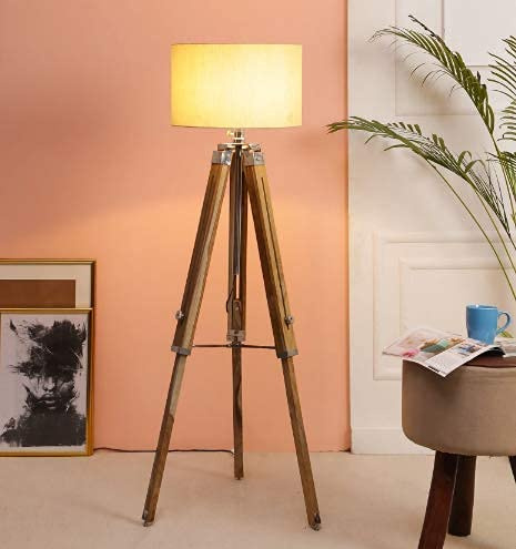 Lámpara de pie vintage para habitación náutica lámpara de sombra marrón madera de teca trípode lámpara de pie decorativa sala de estar lámpara de pie de madera lámpara de madera