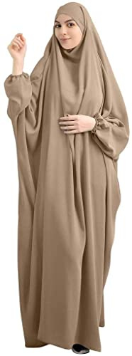 BOJON Abito da preghiera musulmano da donna, in tinta unita, con cappuccio, Islamic Abaya Caftano, con Hijab, vestito da preghiera, il Ramadan, per etnico, sera, festa, cachi, Taglia unica
