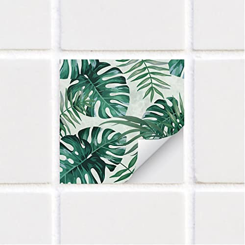 Alwayspon Piastrelle adesive impermeabili in vinile, staccabili e attaccate, autoadesive, per cucina, bagno, soggiorno, stile boho, 20 x 20 cm, 10 pezzi, foglie verdi