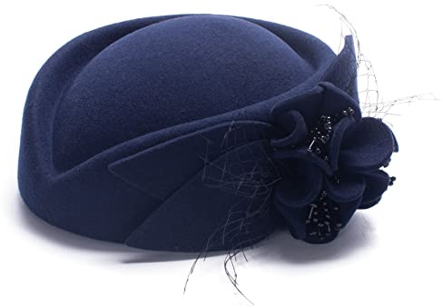 Lawliet Women Fascinator Pillbox Felt Wool Hat Formal Dress Flower Veil (Navy Blue)