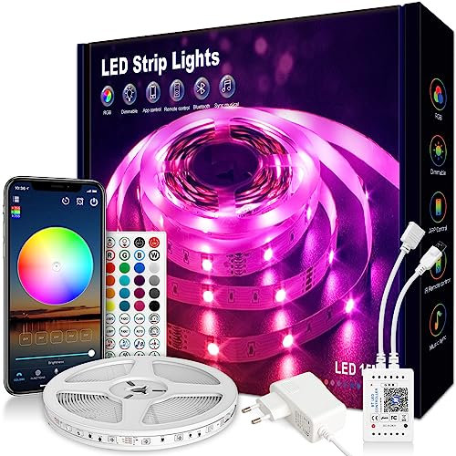 VKH Ruban LED 15m, Bande LED RGB Multicolore avec Télécommande et Application, 16 Millions de Couleurs, Décoration Lumineuse pour Chambre, Noël, Fête, Anniversaire et Mariage.(1 * 15m)