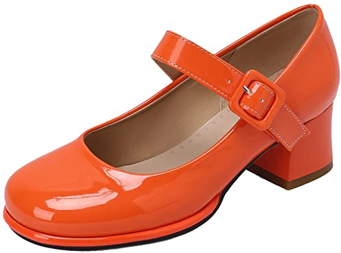CUTEHEELS Women Mary Jane Shoes Block Heel 5cm Buckle Round Toe Orange