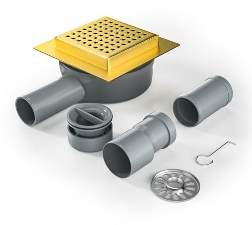 Bernkot Canaleta de ducha cuadrada 10 x 10 cm, sifón de 360°, con antiolores y colador de pelo, acero inoxidable, desagüe de suelo, desagüe de ducha, muy plano, DN50 DN40, dorado