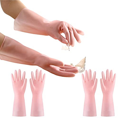 BAMFY Gartenarbeit Hausarbeit Putzhandschuhe Wiederverwendbar 3 Paare Lang Haushaltshandschuhe Küche rutschfest Gummihandschuhe (Color : Pink, Size : M)