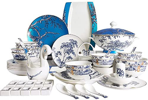 DUDSME Juego de cuencos y platos de porcelana de hueso, 62 piezas, cuencos de cerámica para el hogar, platos y palillos, servicio combinado para 6-8 personas para regalo amigos y familiares