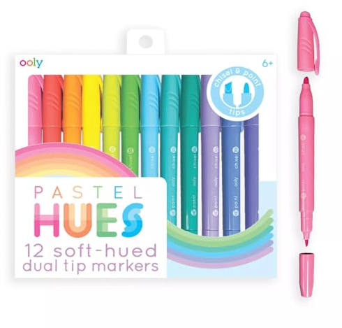 Ooly Pastel Hues Dual Tip Markers - Set of 12 Water Based Colors, Chisel and Point Tip on Each Marker for Kids, Double Ended Markers for Art Supplies & Stationery Sets