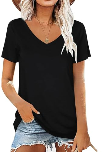 AirMood Womens Summer Tshirts V Neck Casual Short Sleeve Tunic Tops Tees (Black,XL)