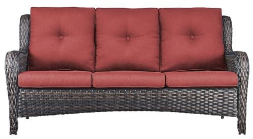 Rilyson Outdoor Couch Wicker Patio Sofa - 3 Seat Rattan Sofa with Deep Seating and Comfortable Cushions for Outside Porch Deck Balcony Garden(Brown/Red)