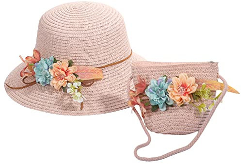 Dinnesis Sombrilla de dibujos animados para niños y niñas, sombrero de playa + bolsa de paja, accesorios de verano para niños, bufanda redonda, Rosa., Talla única