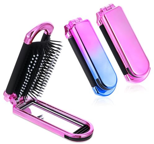 Faltbare Haarbürste, 2 Stück Reise-Haarbürste mit Spiegel Neue Bürste, Reisegröße, Haar Massage Kamm, kompakte Haarbürste im Taschenformat für Frauen und Männer, Haarstyling-Tools (Pink & Farbverlauf)