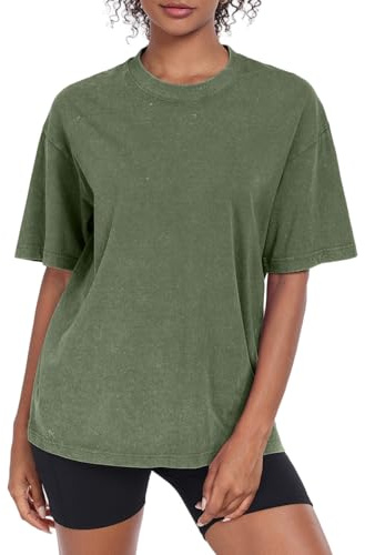 Oversized t-shirt för kvinnor rund hals kortärmade toppar casual lös basic sommar t-shirts skjortor blus, militärgrön, L