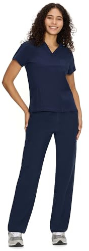 COZYFIT Scrubs for Women Set Medical Uniform - V-Neck Top & Straight Leg Pants with 9 Pockets, Unisex Workwear COZY SCRUBS, Navy Blue, XS, Petite