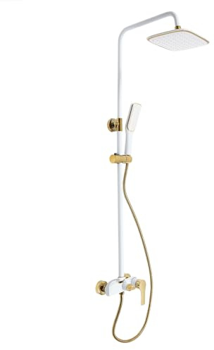 Juego de ducha con alcachofa de mano, columna de ducha regulable en altura 85-125 cm, grifo de ducha con 3 salidas y termostato, montaje en pared (Blanco, Oro)