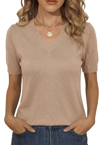 Totatuit Camiseta de Punto Mujer Manga Corta Cuello en V Suéter Ligero | Cuello V, Estilo Diario, Uso Casual, Combinación Versátil