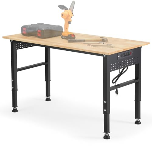 48 Adjustable Workbench with Rubberwood Top & Power Outlet,Large 48 x 24 Inch 9-Level Height Range 27-37, 2000 LBS Heavy Duty Capacity for Workshop, Office, Garage, Home