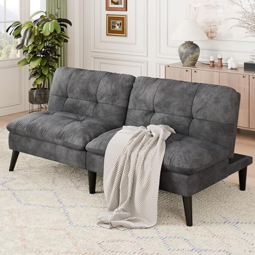 Vongrasig Futon Sofa Bed Velvet Futon Couch with Adjustable Backrest, Small Convertible Folding Sleeper Sofa Bed, Modern Loveseat for Living Room, Bedroom and Small Space, (Grey)